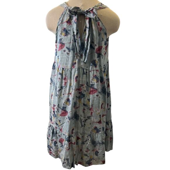 Linen Sun Dress Tie Back V Neck Sz S Blue Abstract Floral Beach Cruise Cottage - Picture 3 of 8